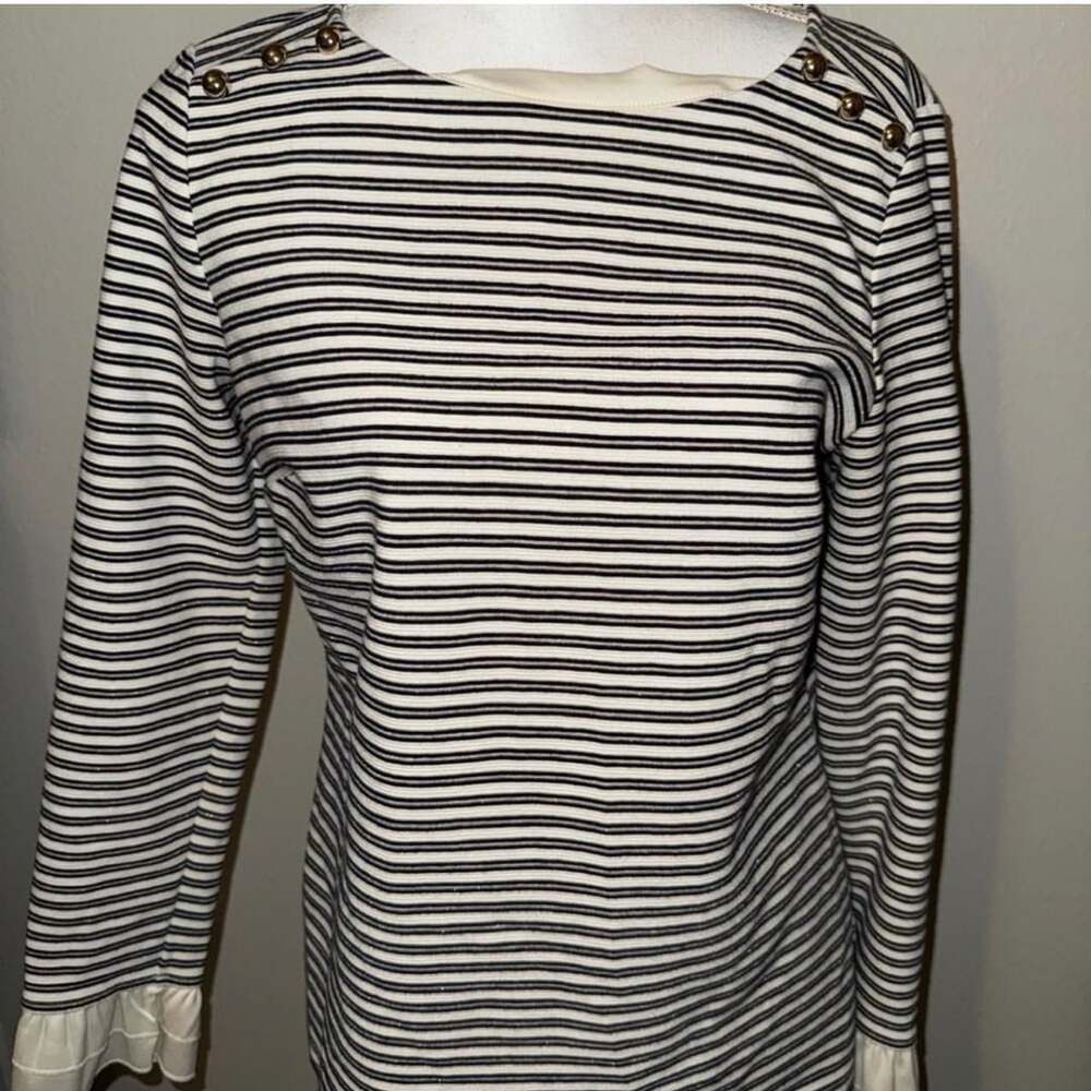 Talbots Striped Top Size M Black White Gold Shoulder Buttons